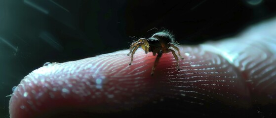 Poster - A spider is sitting on a finger with water droplets. AI.