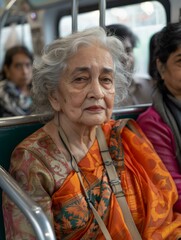 Poster - An older woman sitting on a bus with other people. AI.