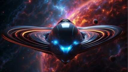 Wall Mural - an alien spaceship flying through space with glowing lights. ai.