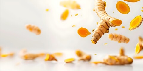 Turmeric root slices falling on white background in high resolution. Concept Food photography, Spices, Turmeric, Minimalist, High resolution