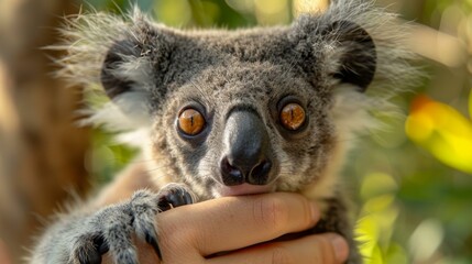 Poster - A koala bear is being held by a person's hand. AI.