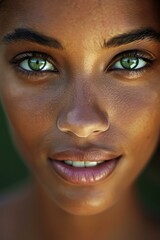 Wall Mural - A close up of a woman with green eyes and dark skin. AI.