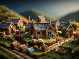 Sticker - A miniature village with a small house and some people. AI.