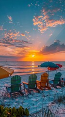 Wall Mural - A serene beach sunrise with colorful umbrellas and beach chairs capturing the essence of summer relaxation.