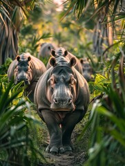 Sticker - A group of three hippos walking down a path in the jungle. AI.