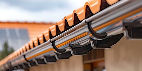 Plastic Gutter System for a Tiled Roof Home. Concept Rainwater Collection, Roof Drainage, Home Improvement, Gutter Installation, Tiled Roof Maintenance