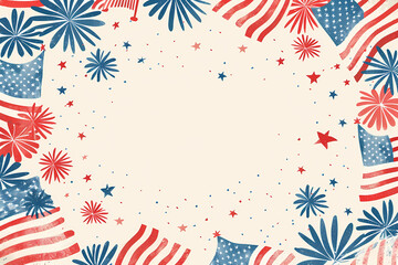 Frame of usa flags and fireworks in retro style, space for text in the middle on a beige background, card for independence day, for the fourth of july