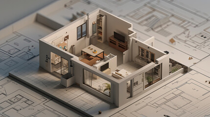 A 3D model of a small house elegantly depicted on an architectural floorplan. 