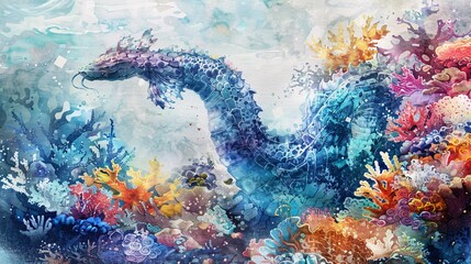 Wall Mural - Fantasy watercolor image of a majestic sea serpent weaving through colorful coral reefs
