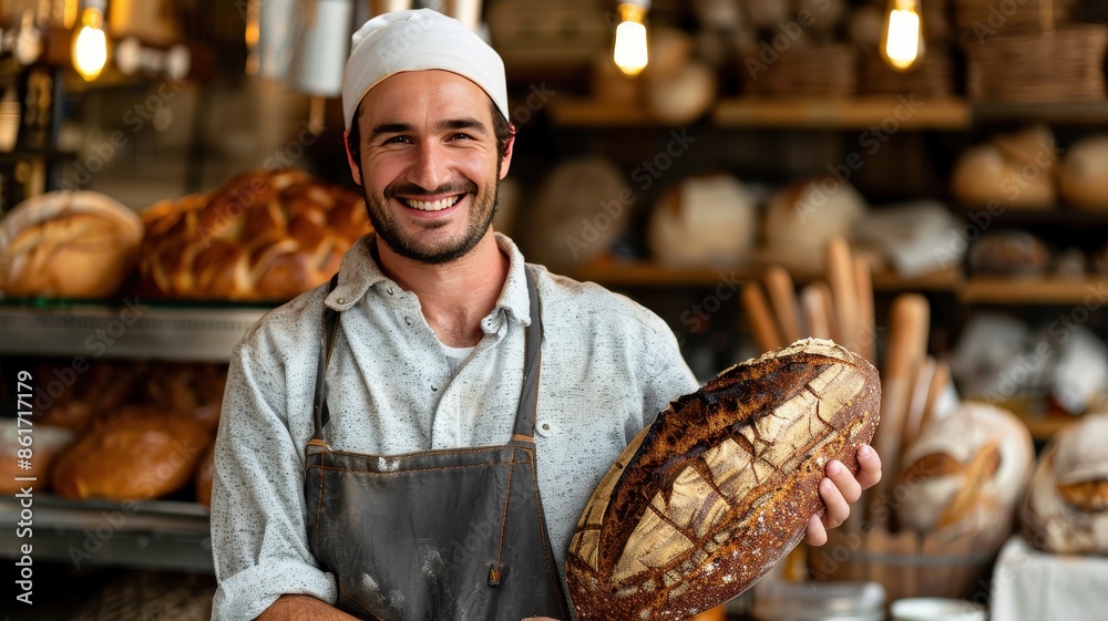 Smiling baker holding freshly baked bread in a bakery shop with bread and pastry selection on display.