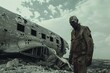 © KP - Zombie apocalypse survivor in front of a crashed plane.