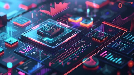 Abstract digital illustration of a futuristic technology system with glowing neon lights, circuit boards, and data. Concept of artificial intelligence, metaverse, and the future of technology.