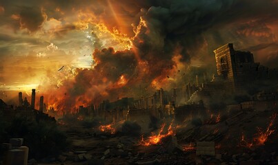 An intense, dramatic scene with Jericho's walls collapsing under a stormy, fire-lit sky, emphasizing the chaos and destruction