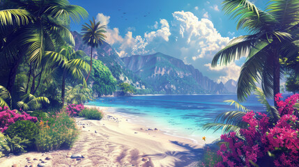 A beautiful beach scene with palm trees and a blue ocean