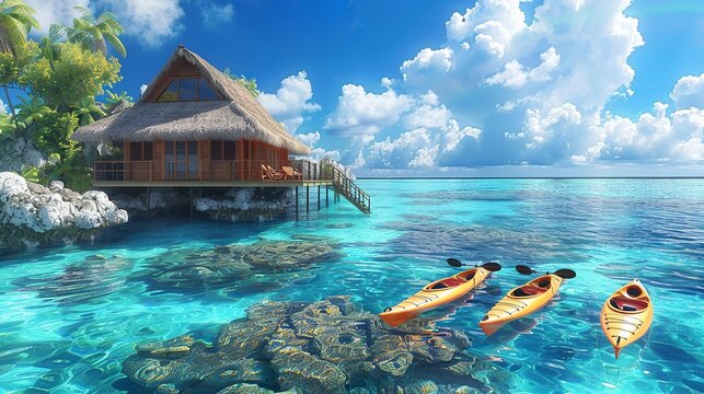 illustration of a private resort with exclusive bungalows, crystal clear water, ideal for water sports