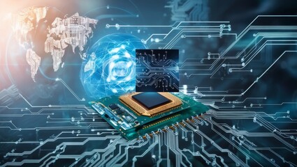 Wall Mural - Abstract technology background featuring a quantum computing system with a processor and electronic circuits