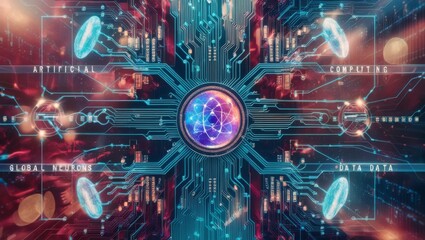 Wall Mural - Abstract technology background featuring a quantum computing system with a processor and electronic circuits