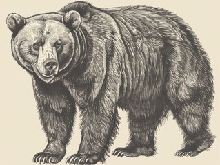 Wall Mural - brown bear illustration, drawing, engraving, ink, line art, vector