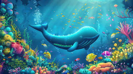 Wall Mural - A blue whale swims in a colorful ocean with many fish