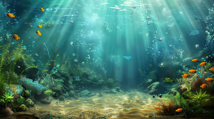 Wall Mural - A beautiful underwater scene with many fish swimming around