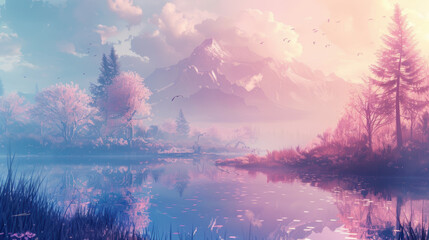 Wall Mural - A serene landscape with a lake and mountains in the background