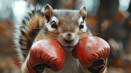 Poster - Chipmunk with boxing gloves. Surreal fun concept of fighting, animals fight spirit 