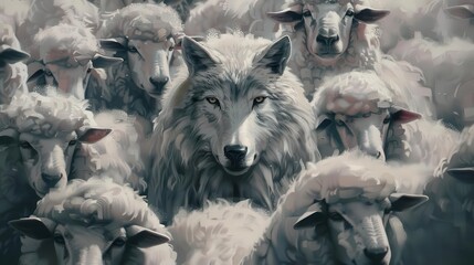 Wall Mural - wolf in sheeps clothing predator hiding among flock conceptual digital painting