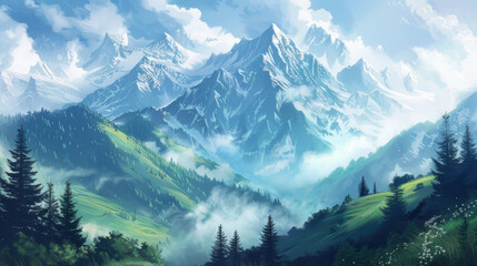 Wall Mural - A mountain range with snow capped peaks and a forest of pine trees