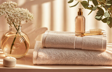 Poster - Spa essentials with towels and white flowers in sunlight