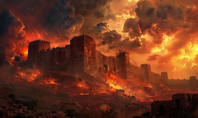 An intense, dramatic scene with Jericho's walls collapsing under a stormy, fire-lit sky, emphasizing the chaos and destruction
