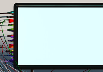 Poster - Digital display. Gadget with wires. Blank screen of industrial equipment. Tablet computer at moment of debugging. Copy space on display screen. Digital technology background. 3d image