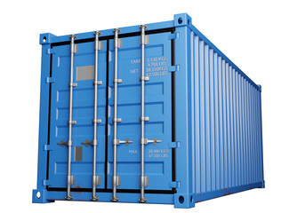 Wall Mural - Transport container. Blue tare for transporting goods by sea. Cargo container isolated on white. Closed container with capacity data. Twenty foot cargo tare. Delivery, logistics. 3d image