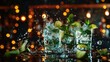 © vefimov - A group of glasses with ice and lime wedges are splashing water onto a table. The scene is lively and fun, with the water droplets creating a sense of movement and energy