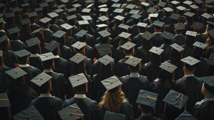 A large group of people wearing graduation caps and gowns. Concept of accomplishment and pride as these graduates have completed their studies and are now ready to embark on their next journey