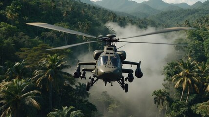 Ancient war helicopter flying over tropical jungle, war concept.