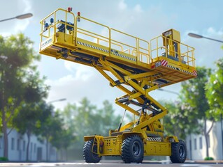 A yellow self-propelled articulated boom lift and a scissor lift positioned on a street lined with trees and sky in the background