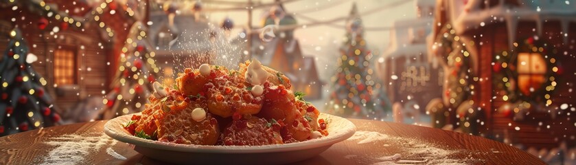 Wall Mural - A bowl of traditional Belarusian draniki, potato pancakes with sour cream and herbs, served on a ceramic plate, placed on a wooden table with a view of a snowy Belarusian village