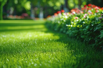 Poster - A lush green lawn with a row of red flowers on the edge. The grass is well-maintained and the flowers add a pop of color to the scene