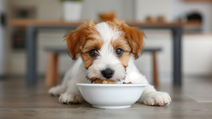 A small brown and white dog is eating out of a white bowl. The dog is laying on the floor and he is enjoying its meal