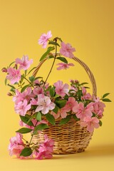 Wall Mural - A basket filled with pink flowers sits on a yellow background. The flowers are arranged in a way that creates a sense of harmony and balance