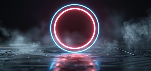 Aufkleber - Abstract futuristic 3D render with glowing neon blue and pink light circle, black background, and smoke, reflecting on a circuit board floor