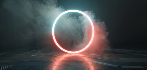 Aufkleber - Futuristic 3D render with neon blue and pink light circle, smoke, and circuit board floor reflection on a black background