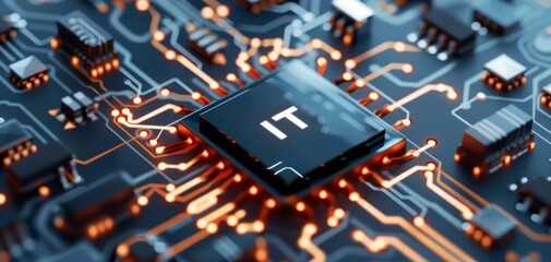 Fototapete - IT icon with circuit board background and IT text on blue digital tech, cyber network concept