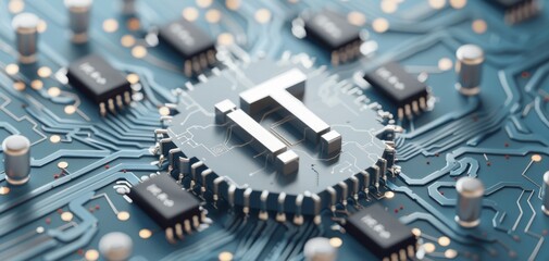Fototapete - Circuit board background with 3D IT logo, technology icons, and network connections, perfect for digital banner in IT service or business tech