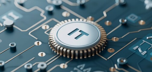 Fototapete - IT service or support concept with 3D IT logo, circuit board background, technology icons, and network connections in digital banner style