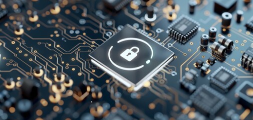 Poster - 3D rendering of data security symbol on black circuit board, white digital 