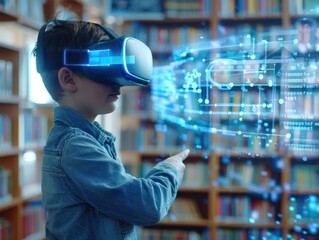 Poster - school student wearing vr headset using ai artificial intelligence technology & machine learning. in