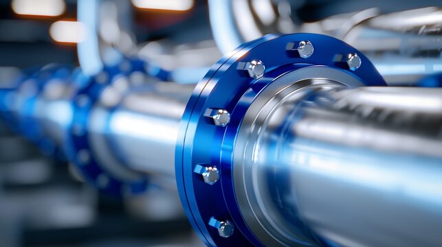 Complex network of metal pipes and blue fittings in an industrial environment, showcasing detailed system integration, photorealistic rendering with precise shadows and highlights
