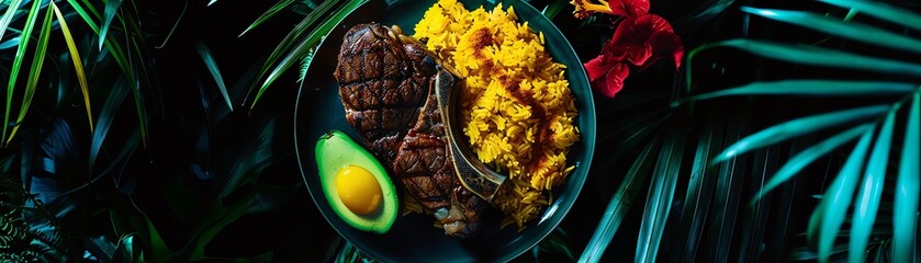 A plate of Ecuadorian churrasco with grilled steak, rice, fried egg, and avocado, photographed in a lush jungle setting with exotic plants and flowers in the background