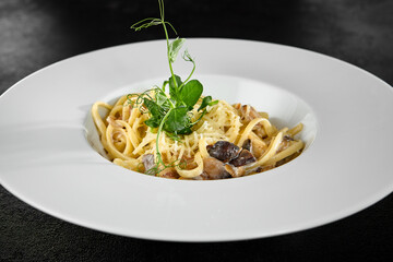 Poster - Delicious Mushroom and Cheese Pasta on Elegant White Plate